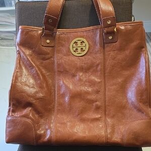 Tory Burch Cognac Leather Tote with Gold Logo